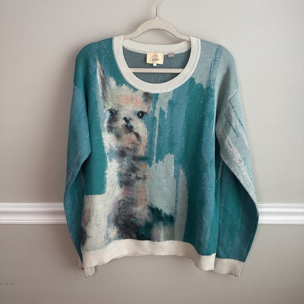 Anthropologie Farm Animal Llama Abstract Turquoise Sweater Waterfall L Pullover